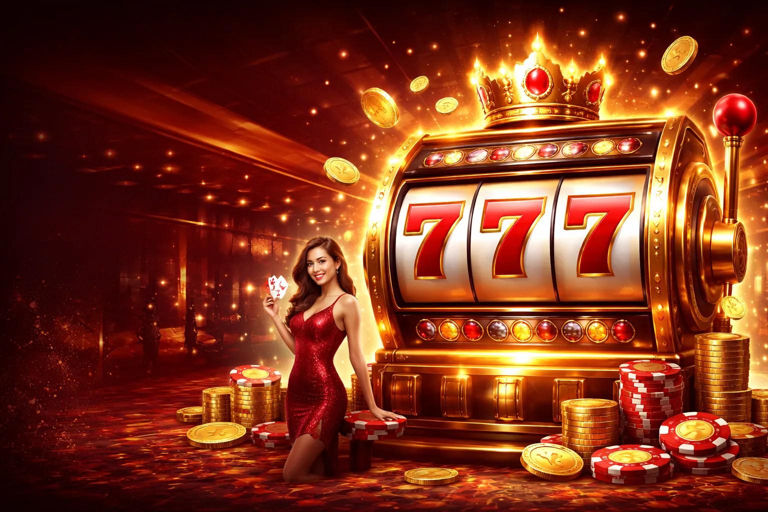 Máy đánh bạc vàng rực rỡ với biểu tượng jackpot và đồng xu, thể hiện trò chơi slot trên ga65 apk